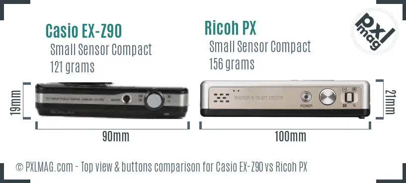 Casio EX-Z90 vs Ricoh PX top view buttons comparison