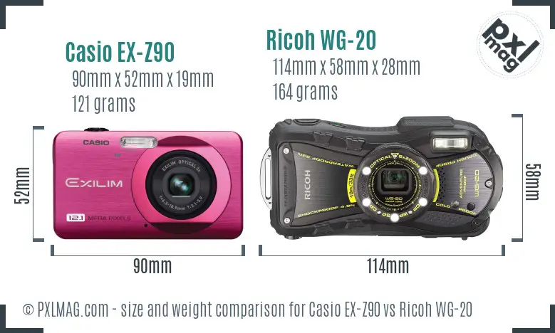 Casio EX-Z90 vs Ricoh WG-20 size comparison