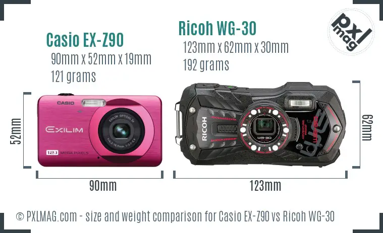 Casio EX-Z90 vs Ricoh WG-30 size comparison