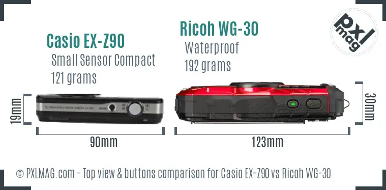 Casio EX-Z90 vs Ricoh WG-30 top view buttons comparison