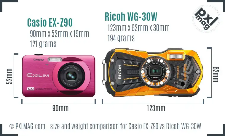 Casio EX-Z90 vs Ricoh WG-30W size comparison