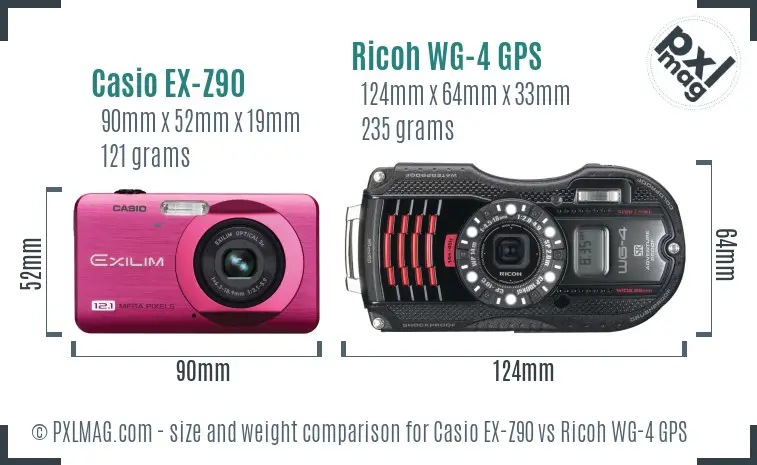 Casio EX-Z90 vs Ricoh WG-4 GPS size comparison