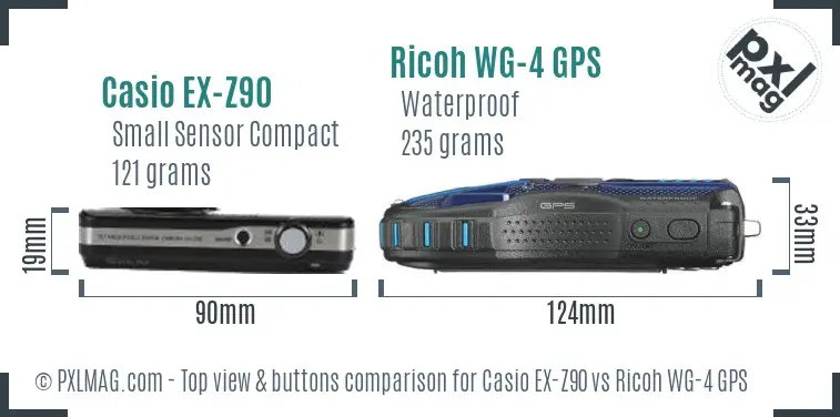 Casio EX-Z90 vs Ricoh WG-4 GPS top view buttons comparison