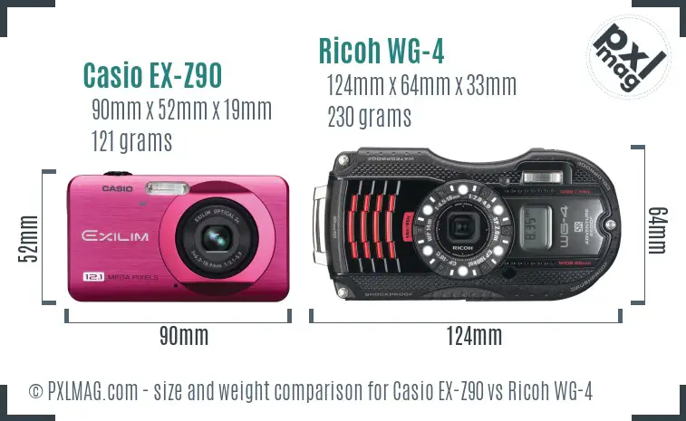 Casio EX-Z90 vs Ricoh WG-4 size comparison