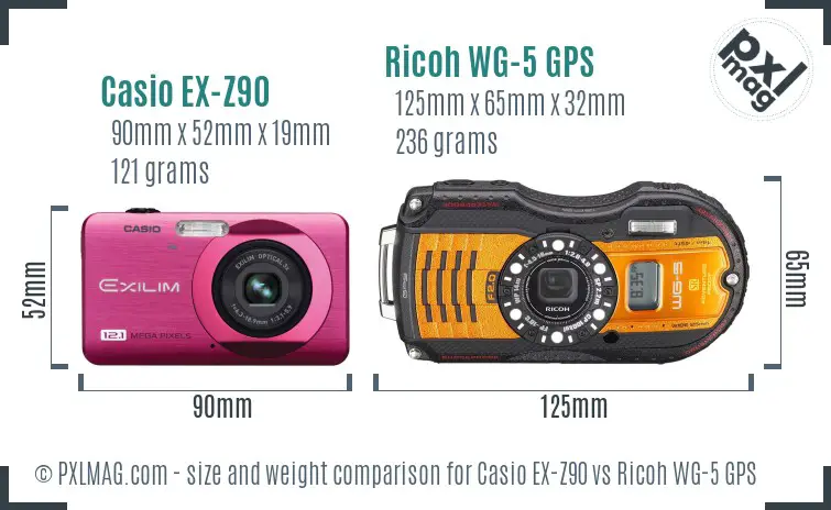 Casio EX-Z90 vs Ricoh WG-5 GPS size comparison