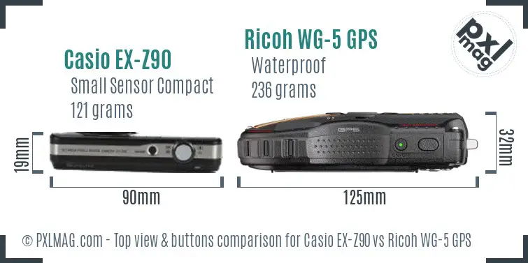 Casio EX-Z90 vs Ricoh WG-5 GPS top view buttons comparison
