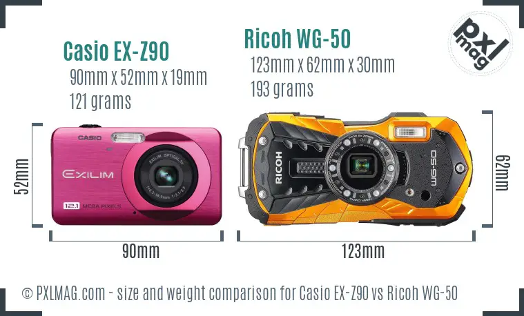 Casio EX-Z90 vs Ricoh WG-50 size comparison