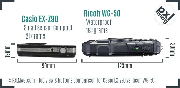 Casio EX-Z90 vs Ricoh WG-50 top view buttons comparison