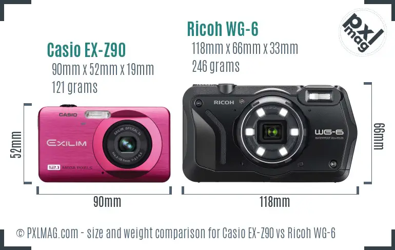 Casio EX-Z90 vs Ricoh WG-6 size comparison