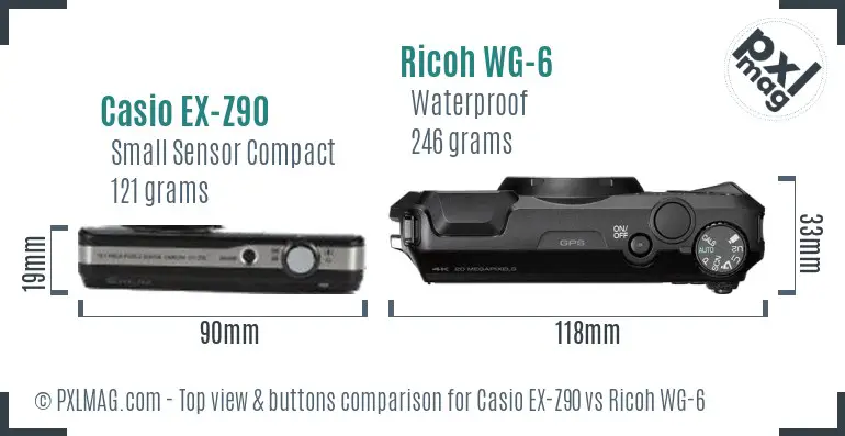 Casio EX-Z90 vs Ricoh WG-6 top view buttons comparison