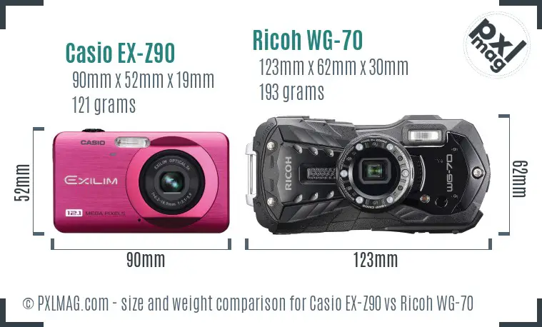 Casio EX-Z90 vs Ricoh WG-70 size comparison