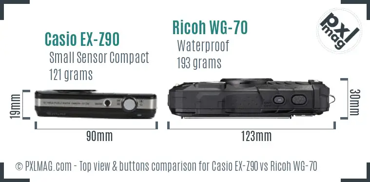 Casio EX-Z90 vs Ricoh WG-70 top view buttons comparison