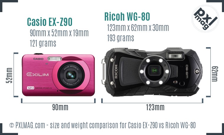 Casio EX-Z90 vs Ricoh WG-80 size comparison