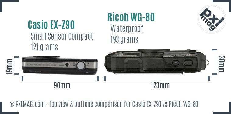 Casio EX-Z90 vs Ricoh WG-80 top view buttons comparison