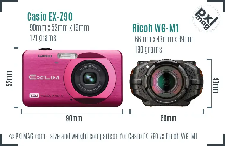 Casio EX-Z90 vs Ricoh WG-M1 size comparison