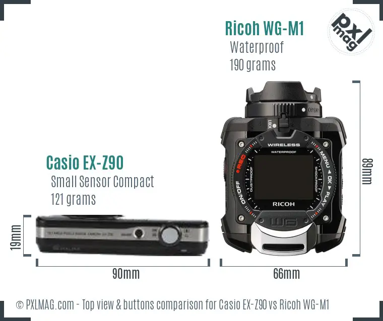 Casio EX-Z90 vs Ricoh WG-M1 top view buttons comparison