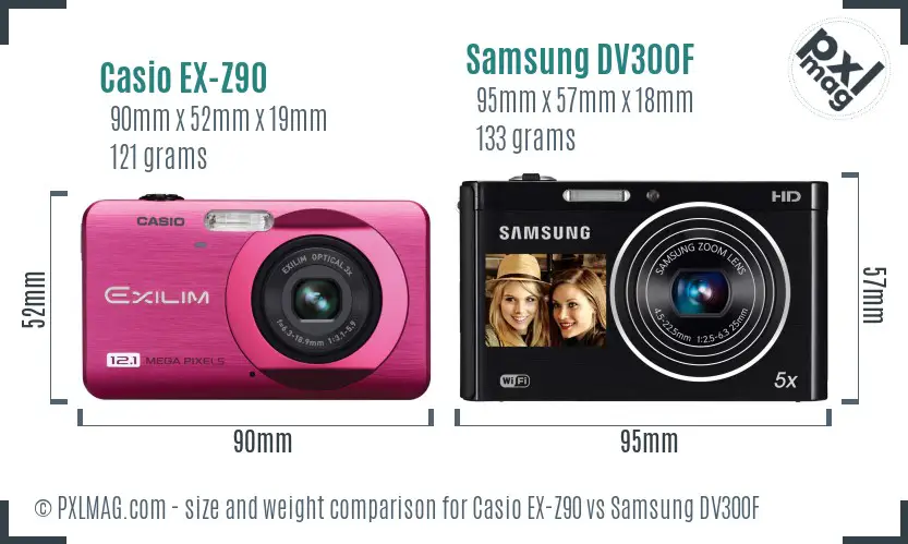 Casio EX-Z90 vs Samsung DV300F size comparison