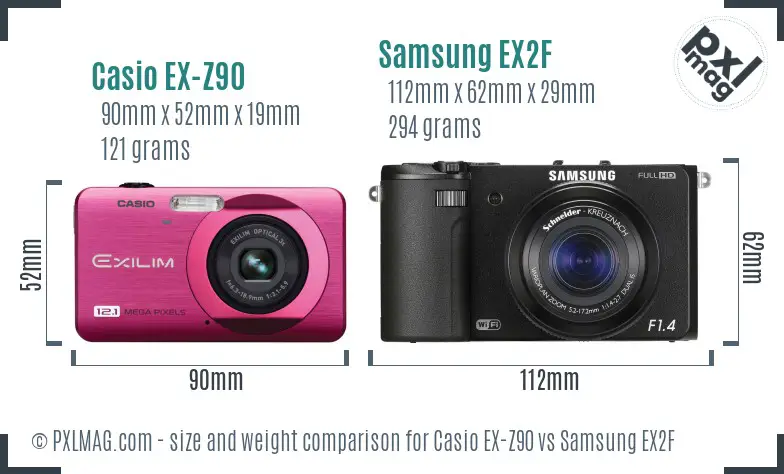 Casio EX-Z90 vs Samsung EX2F size comparison
