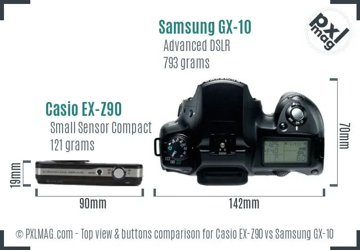 Casio EX-Z90 vs Samsung GX-10 top view buttons comparison