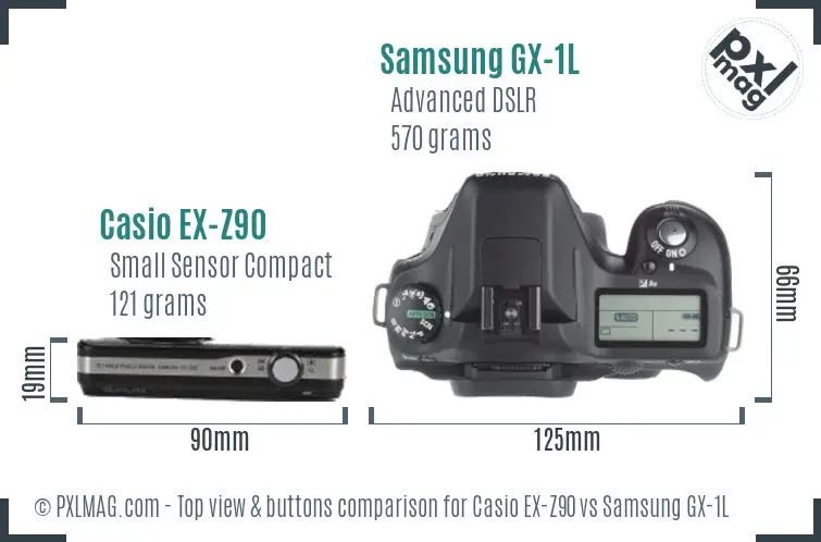 Casio EX-Z90 vs Samsung GX-1L top view buttons comparison Casio EX-Z90 vs Samsung GX-1L top view buttons comparison