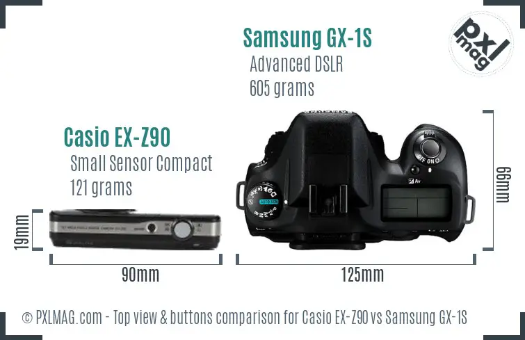 Casio EX-Z90 vs Samsung GX-1S top view buttons comparison Casio EX-Z90 vs Samsung GX-1S top view buttons comparison