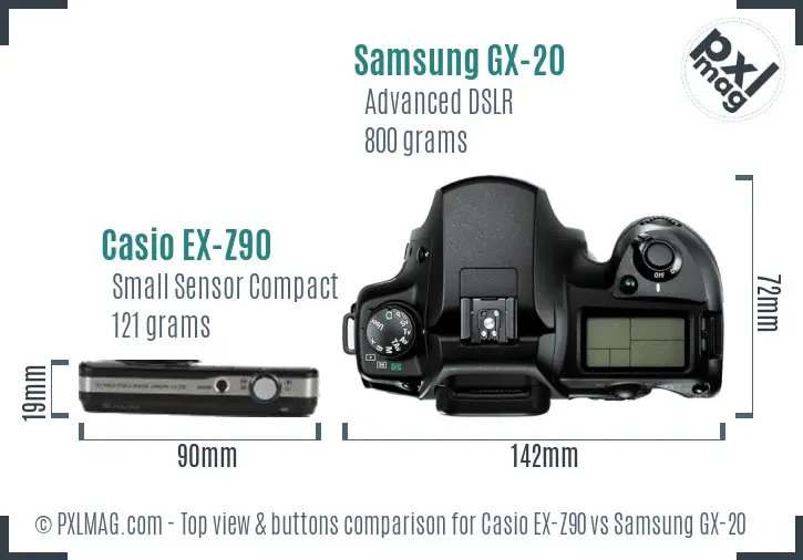 Casio EX-Z90 vs Samsung GX-20 top view buttons comparison