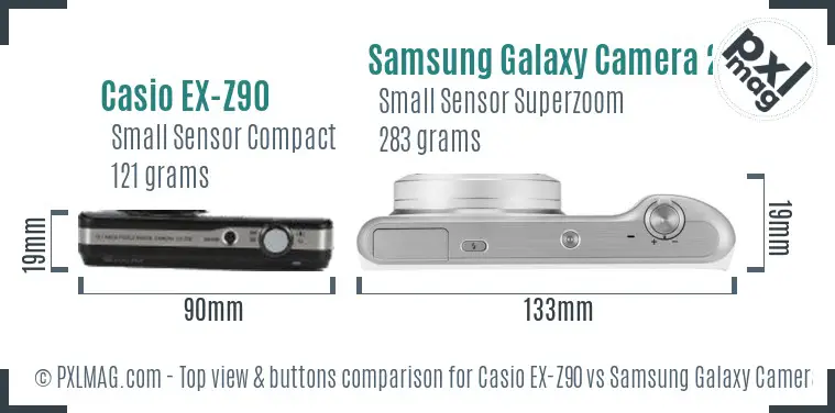 Casio EX-Z90 vs Samsung Galaxy Camera 2 top view buttons comparison Casio EX-Z90 vs Samsung Galaxy Camera 2 top view buttons comparison