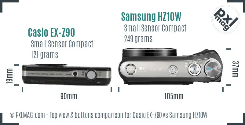Casio EX-Z90 vs Samsung HZ10W top view buttons comparison Casio EX-Z90 vs Samsung HZ10W top view buttons comparison