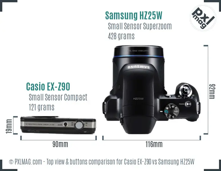 Casio EX-Z90 vs Samsung HZ25W top view buttons comparison