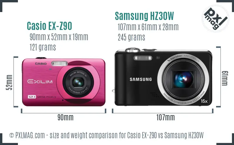 Casio EX-Z90 vs Samsung HZ30W size comparison
