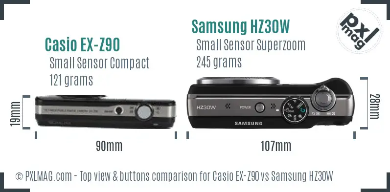 Casio EX-Z90 vs Samsung HZ30W top view buttons comparison