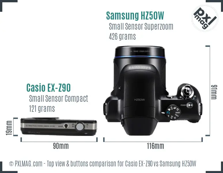 Casio EX-Z90 vs Samsung HZ50W top view buttons comparison Casio EX-Z90 vs Samsung HZ50W top view buttons comparison