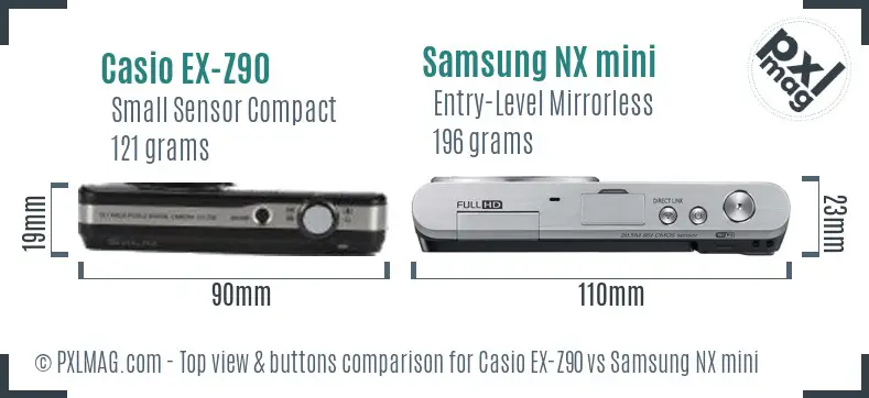Casio EX-Z90 vs Samsung NX mini top view buttons comparison Casio EX-Z90 vs Samsung NX mini top view buttons comparison