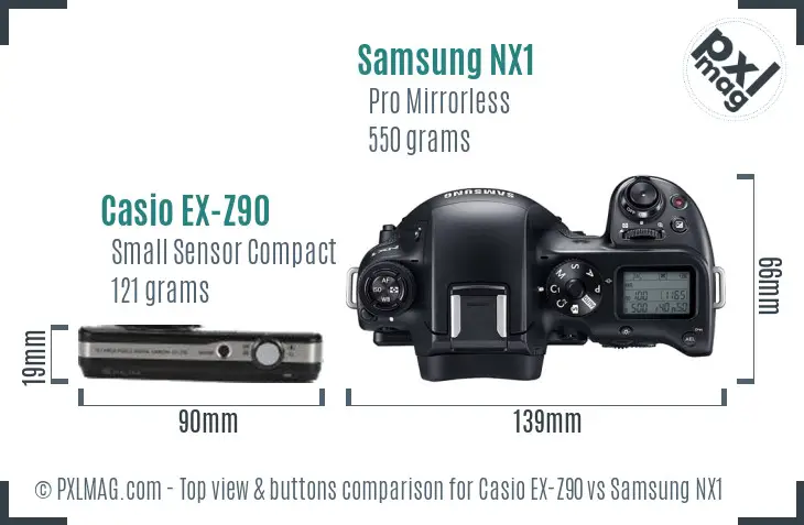 Casio EX-Z90 vs Samsung NX1 top view buttons comparison Casio EX-Z90 vs Samsung NX1 top view buttons comparison