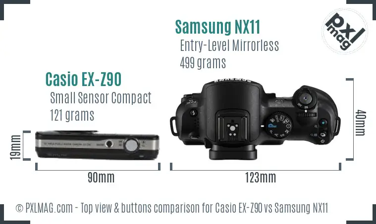 Casio EX-Z90 vs Samsung NX11 top view buttons comparison Casio EX-Z90 vs Samsung NX11 top view buttons comparison