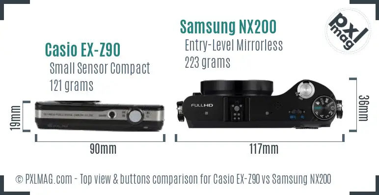 Casio EX-Z90 vs Samsung NX200 top view buttons comparison Casio EX-Z90 vs Samsung NX200 top view buttons comparison