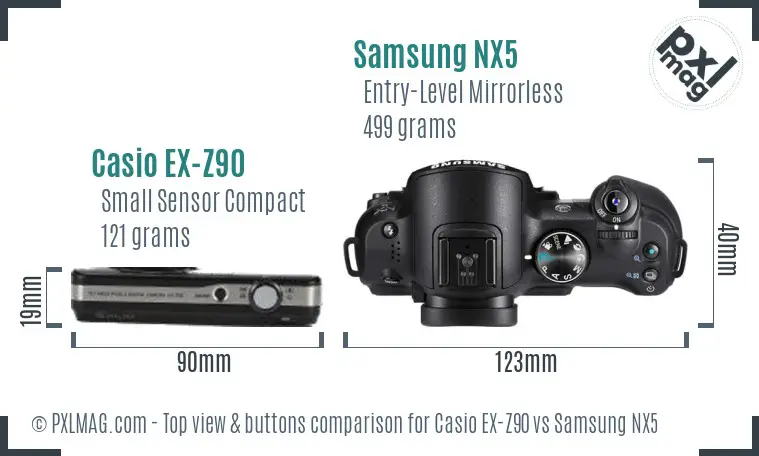 Casio EX-Z90 vs Samsung NX5 top view buttons comparison