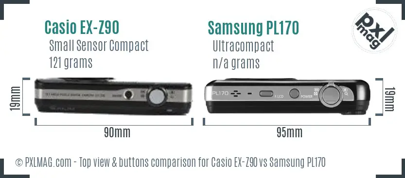 Casio EX-Z90 vs Samsung PL170 top view buttons comparison Casio EX-Z90 vs Samsung PL170 top view buttons comparison