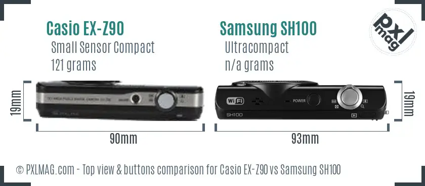 Casio EX-Z90 vs Samsung SH100 top view buttons comparison