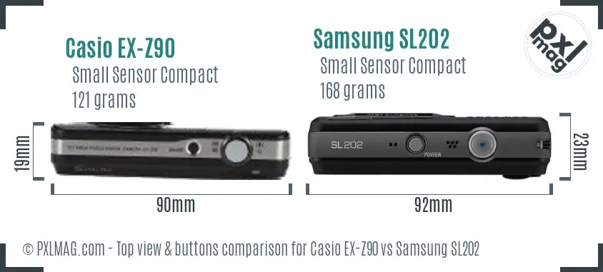 Casio EX-Z90 vs Samsung SL202 top view buttons comparison