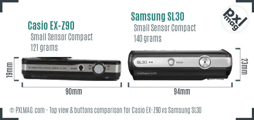 Casio EX-Z90 vs Samsung SL30 top view buttons comparison