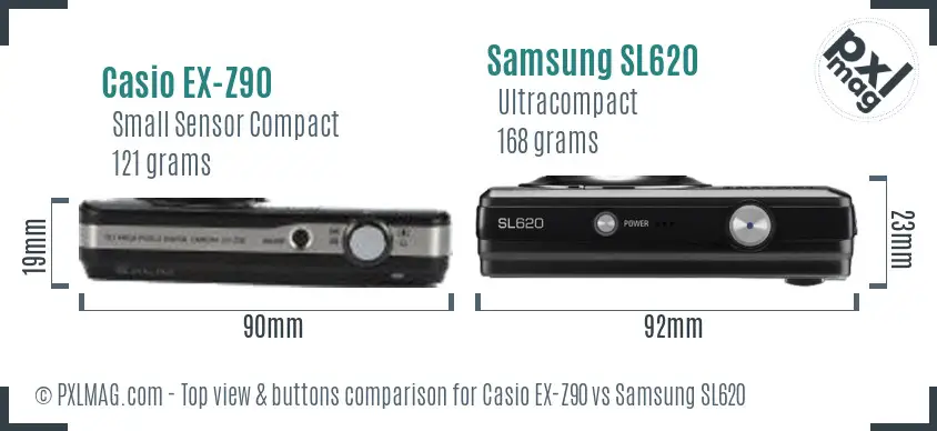 Casio EX-Z90 vs Samsung SL620 top view buttons comparison