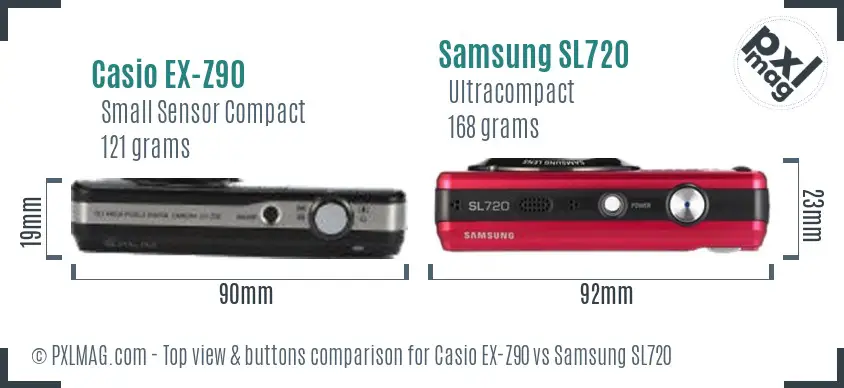 Casio EX-Z90 vs Samsung SL720 top view buttons comparison