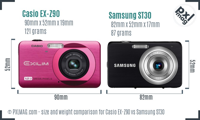 Casio EX-Z90 vs Samsung ST30 size comparison