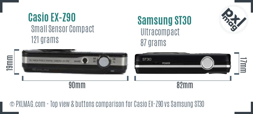 Casio EX-Z90 vs Samsung ST30 top view buttons comparison