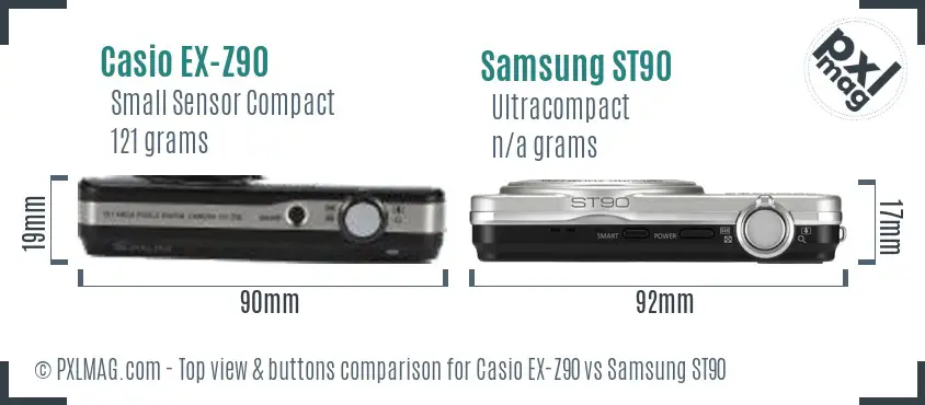 Casio EX-Z90 vs Samsung ST90 top view buttons comparison