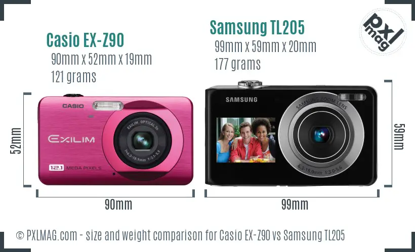 Casio EX-Z90 vs Samsung TL205 size comparison