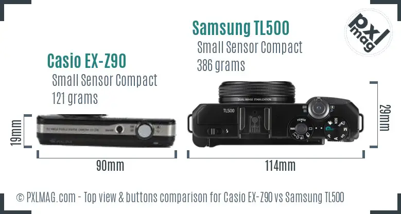 Casio EX-Z90 vs Samsung TL500 top view buttons comparison
