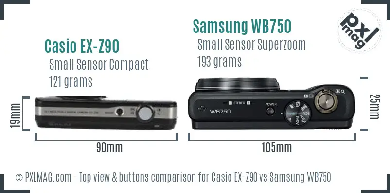 Casio EX-Z90 vs Samsung WB750 top view buttons comparison