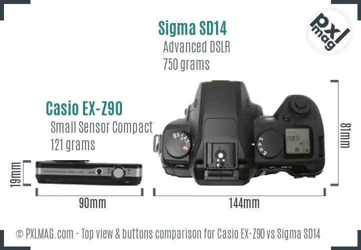 Casio EX-Z90 vs Sigma SD14 top view buttons comparison